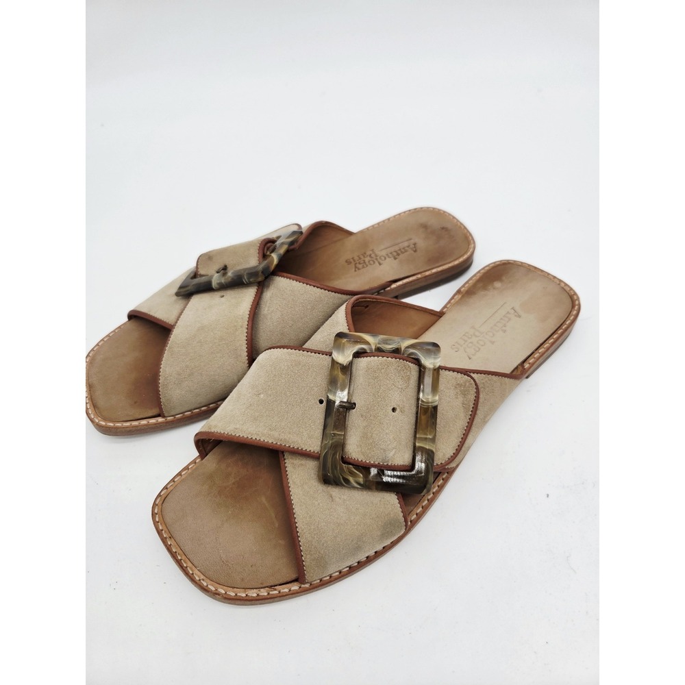 Anthology Paris Womens Bermanie Flats Sandals 38 Brown Suede Leather Buckle